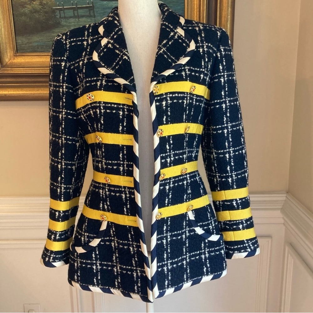 Vintage EMANUEL UNGARO Wool Silk Navy Plaid Tweed Yellow Stripe Blazer Jacket